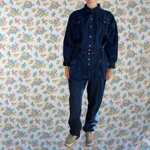 VINTAGE 80S DARK WASH DENIM JUMPSUIT LONG SLEEVE BOILER SUIT